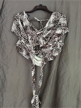 Express Brown & White Animal-Print Tie-Front Crop Top